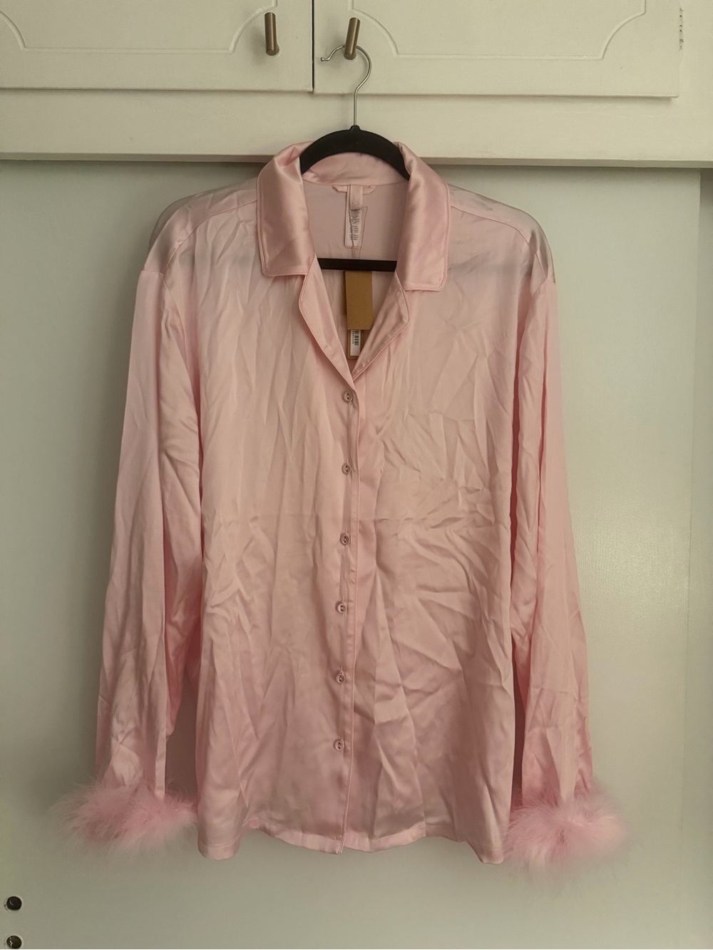 SKIMS Women's Pink Satin PJ SET with Feather Cuffs